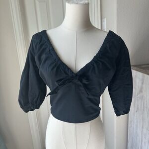Abercrombie & Fitch Puff Sleeve‎ Crop Small Black Tie Front Cottage Peasant Top